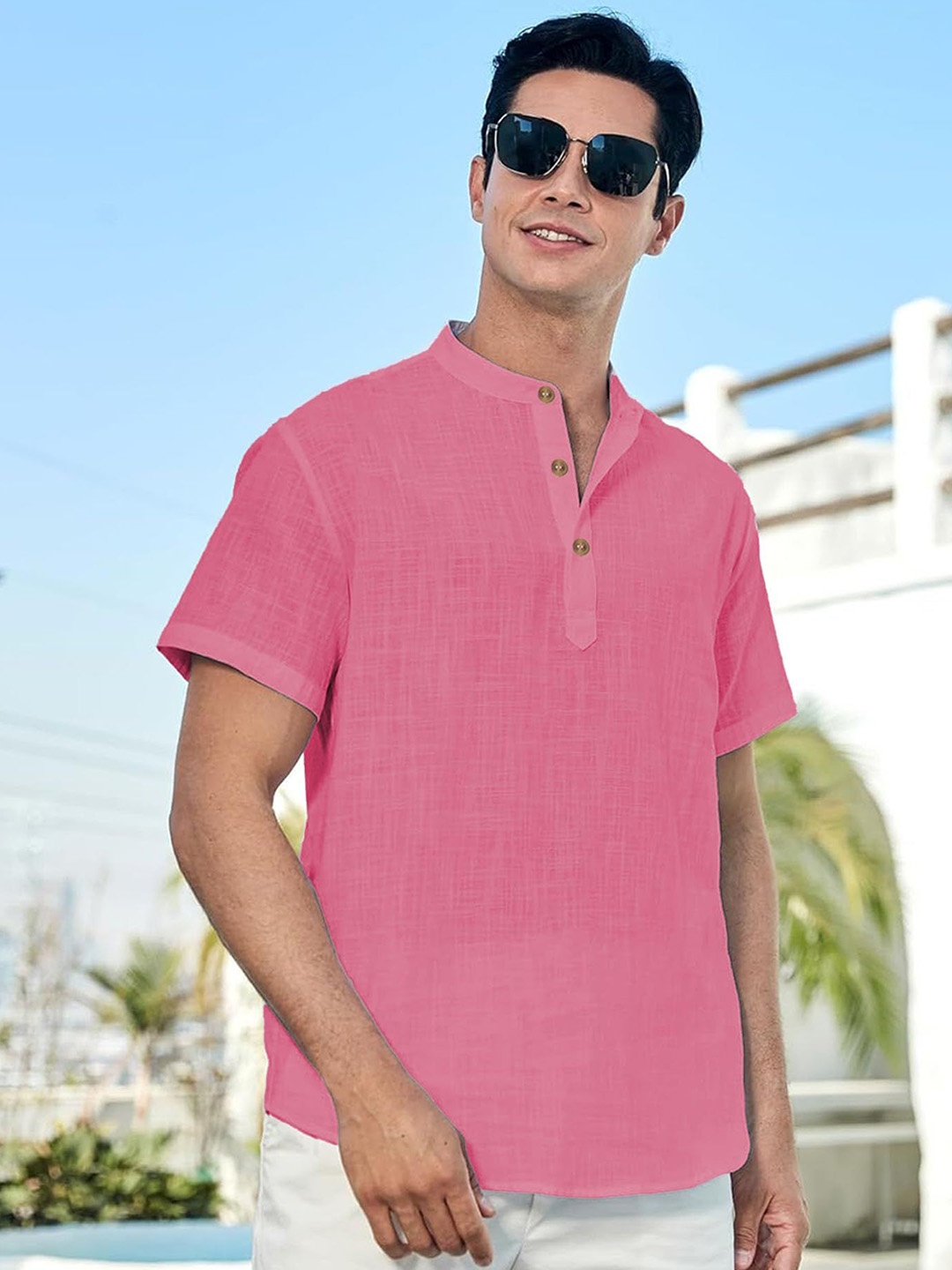 

Vida Loca Cotton Band Collar Slim Fit Short Kurta, Pink