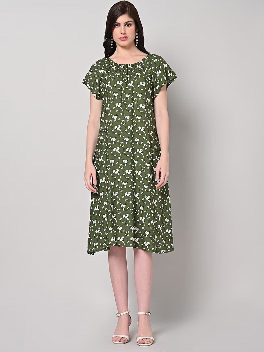 

SAKURA Women Floral Printed Liva A-Line Dress, Green