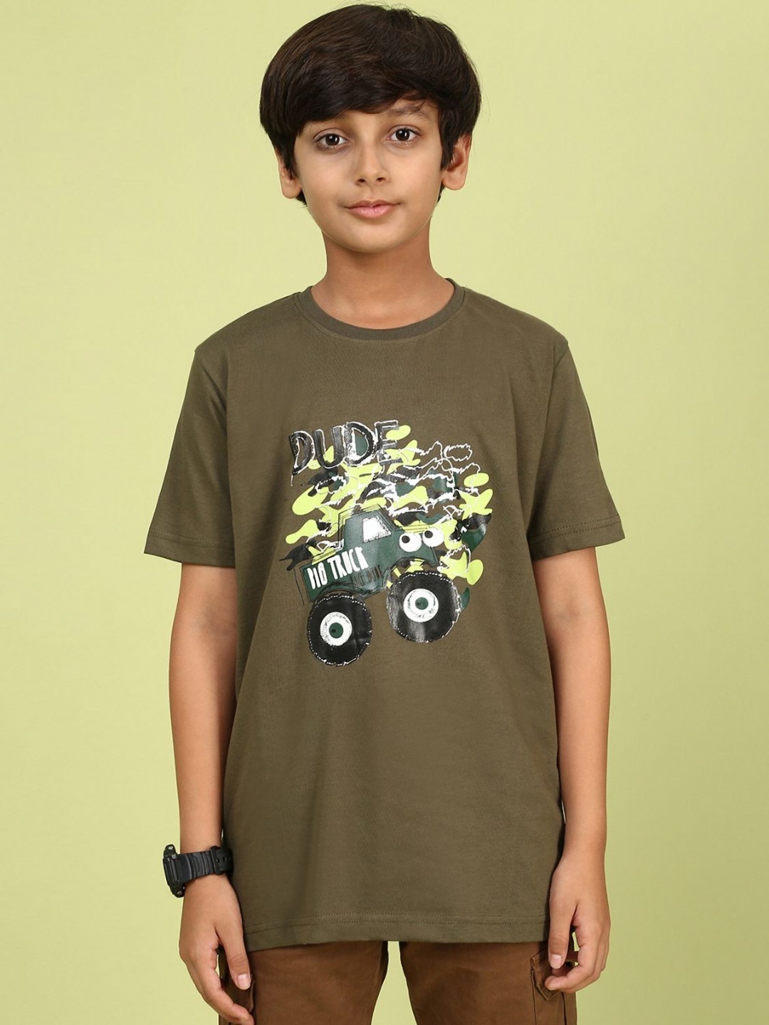 

YK Boys Graphic Printed Round Neck Cotton Relaxed Fit T-shirt, Olive