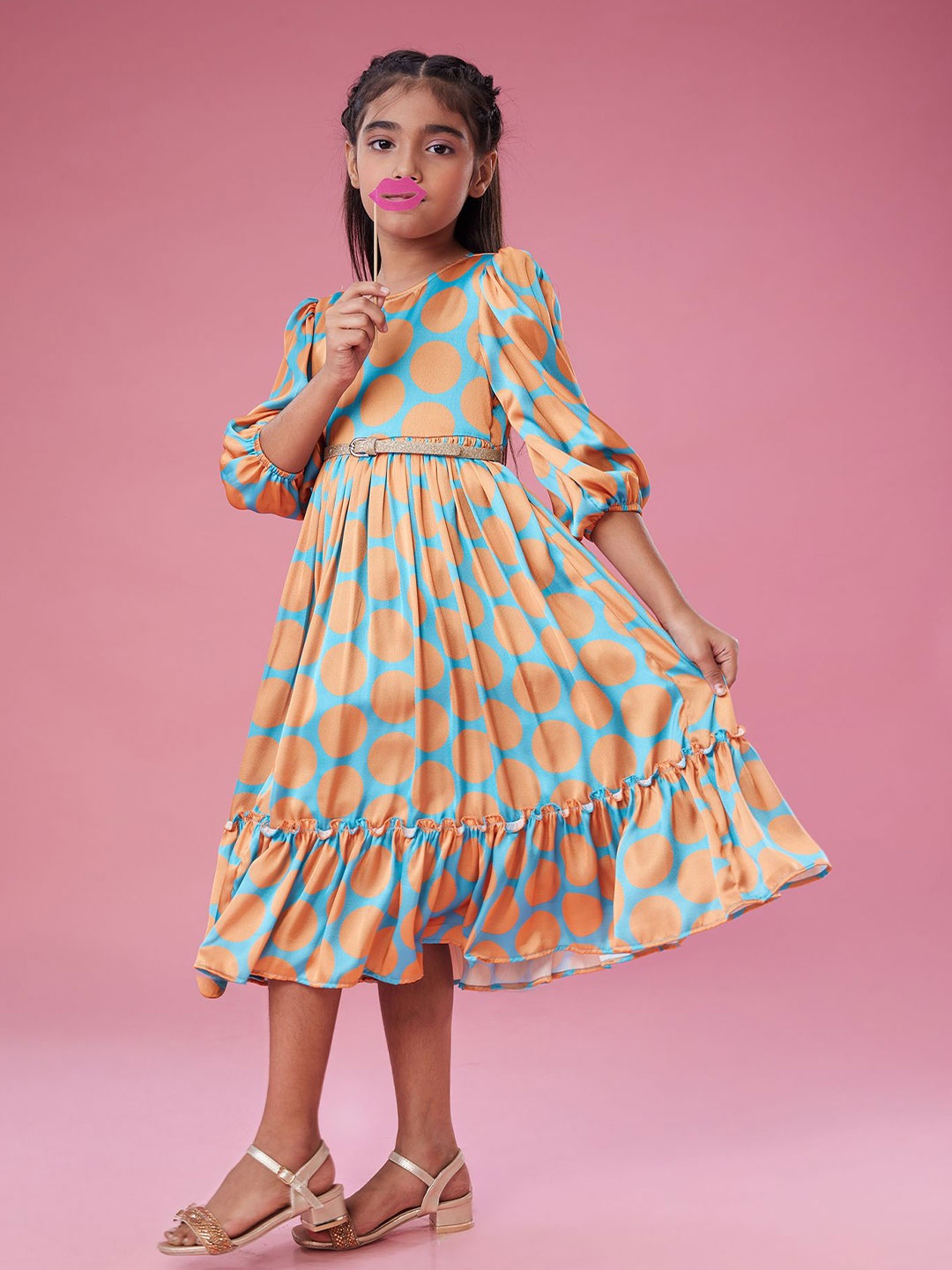 

MASTARANG Girls Printed Satin Midi Dress with Belt, Mustard