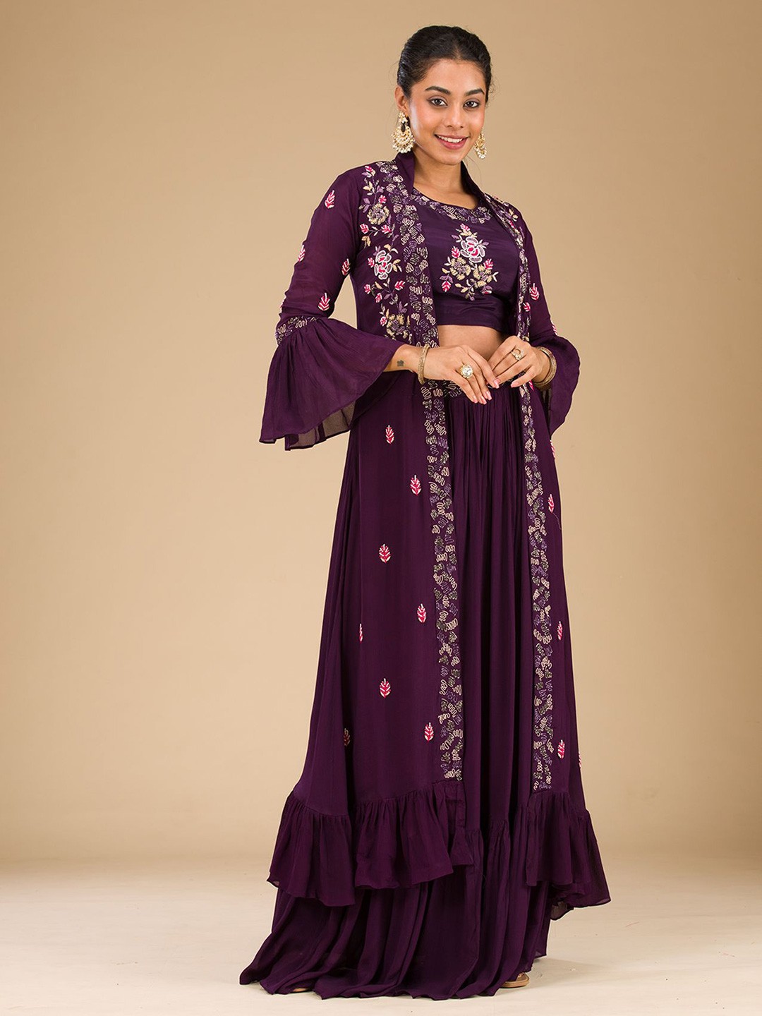 

Koskii Floral Yoke Design Layered Georgette Gotta Patti Top with Skirt & Dupatta, Maroon