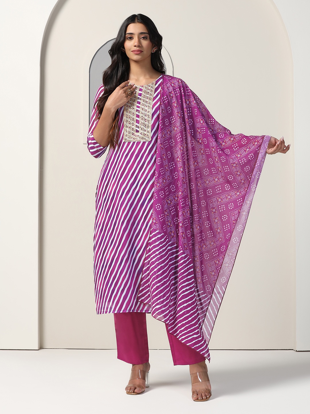 

Moda Rapido Women Leheriya Striped Regular Kurta with Trousers & With Dupatta, Purple