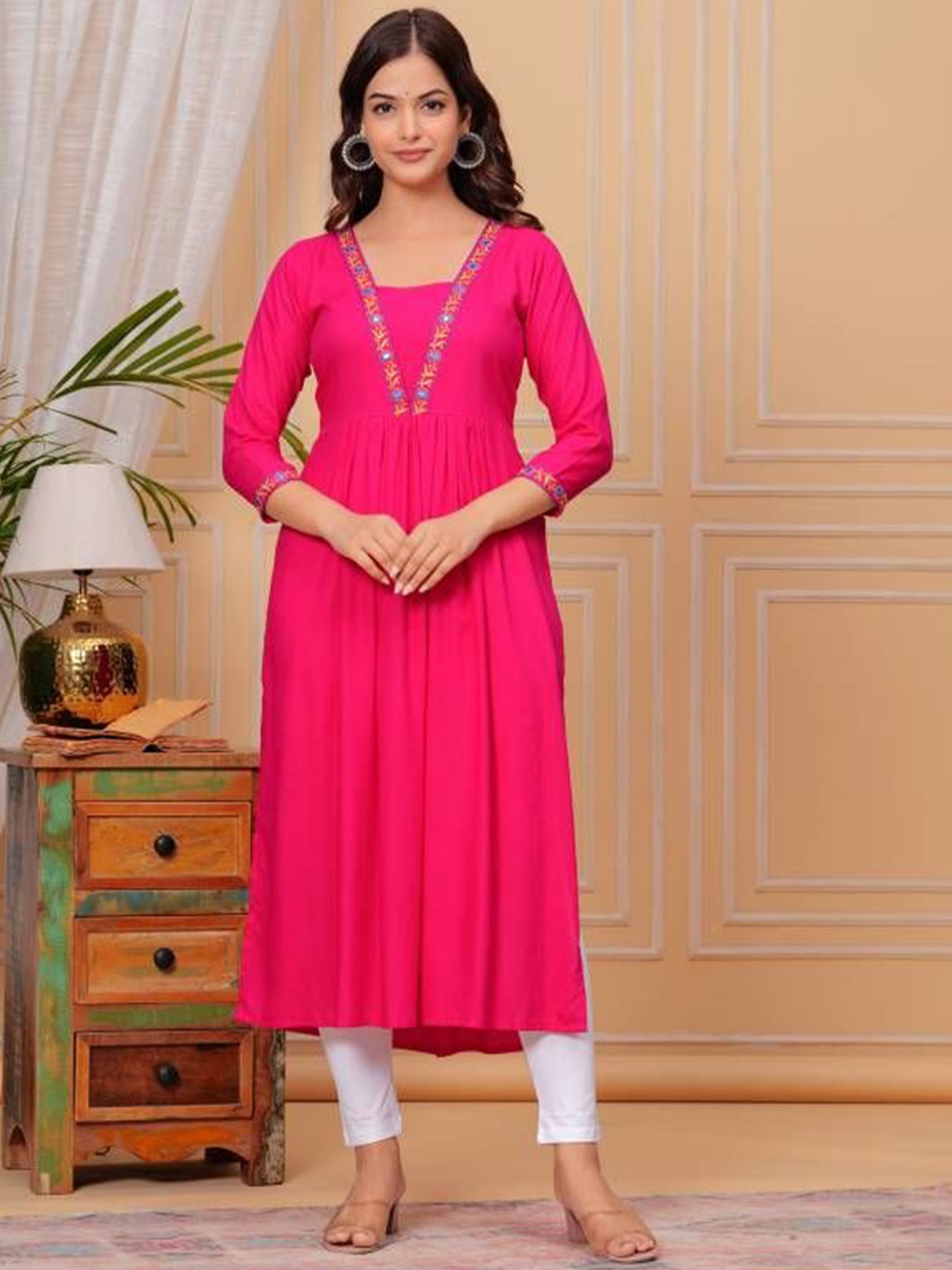 

TROPWEAR Floral Yoke Design Pleated V-Neck Embroidered Cotton A-Line Naira Cut Kurta, Pink