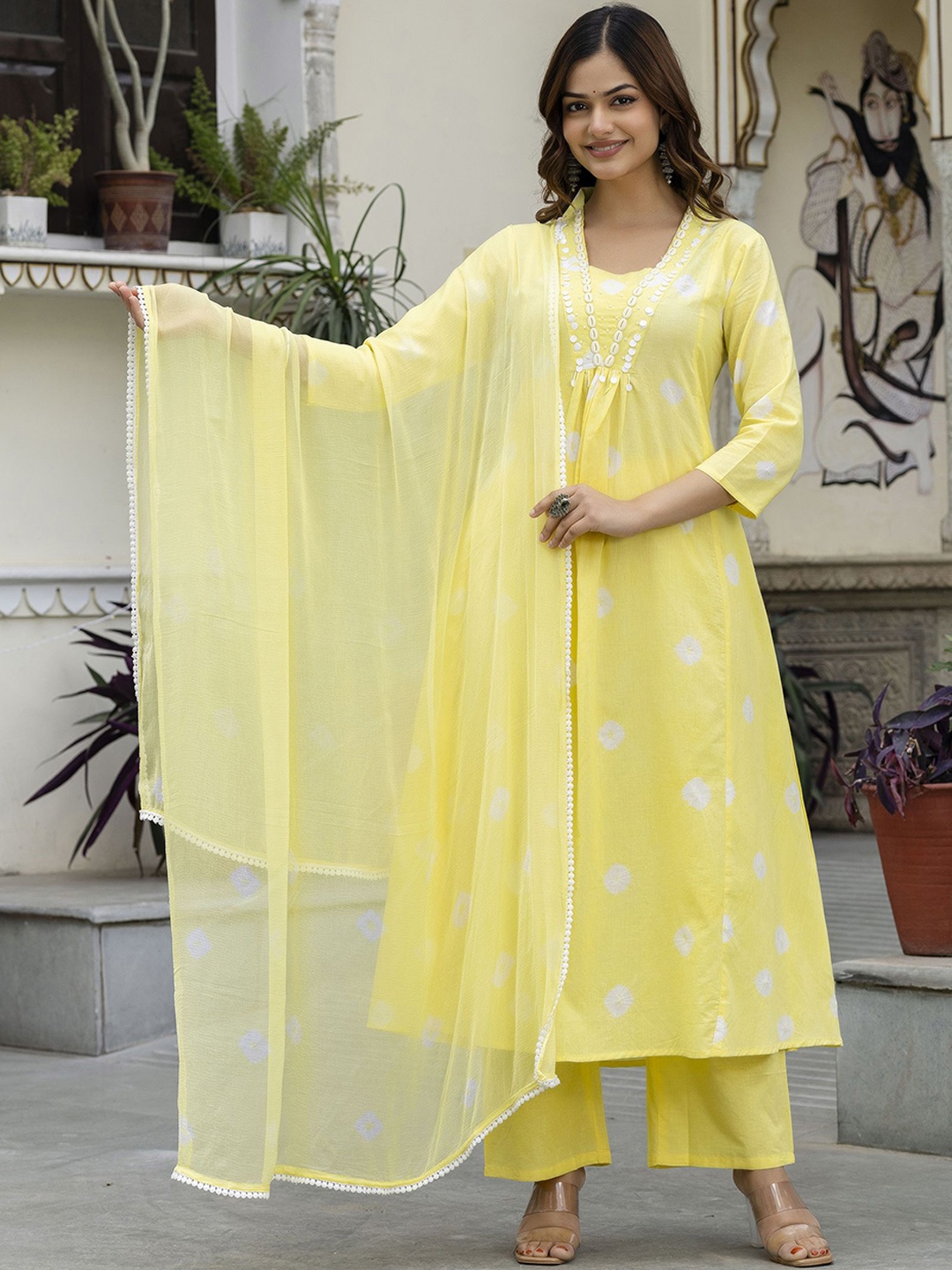 

Anouk Women Ethnic Motifs Yoke Design Empire Beads and Stones Pure Cotton Kurta with Palazzos & With Dupatta, Yellow