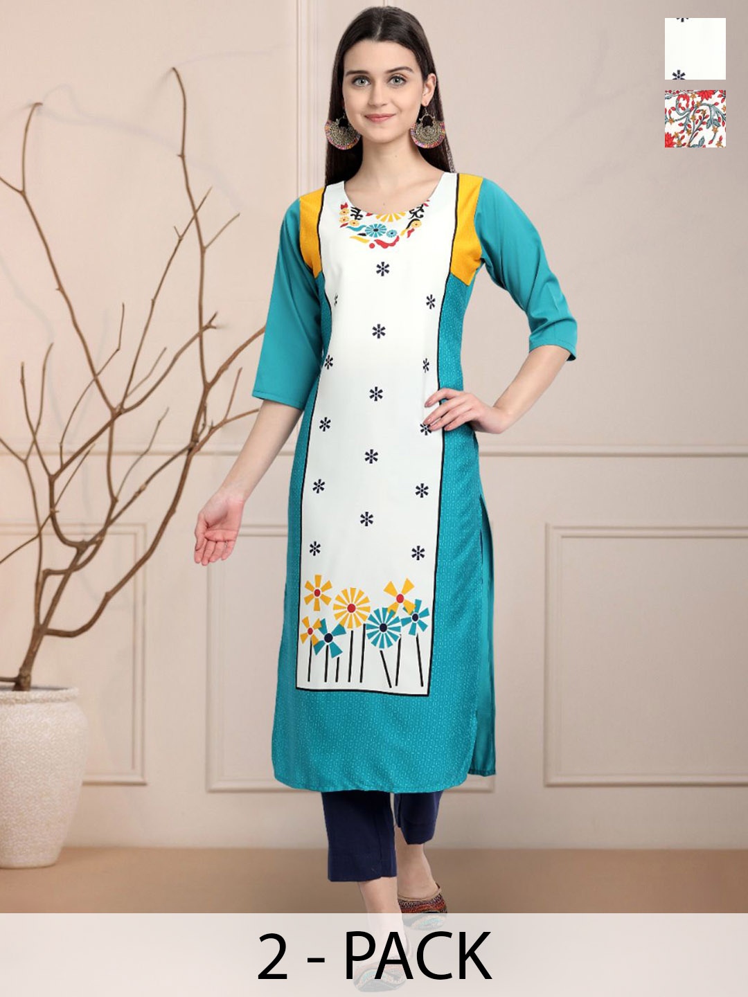 

Moda Rapido White & Blue Selection Of 2 Floral Printed Round Neck Straight Kurtas, Multi