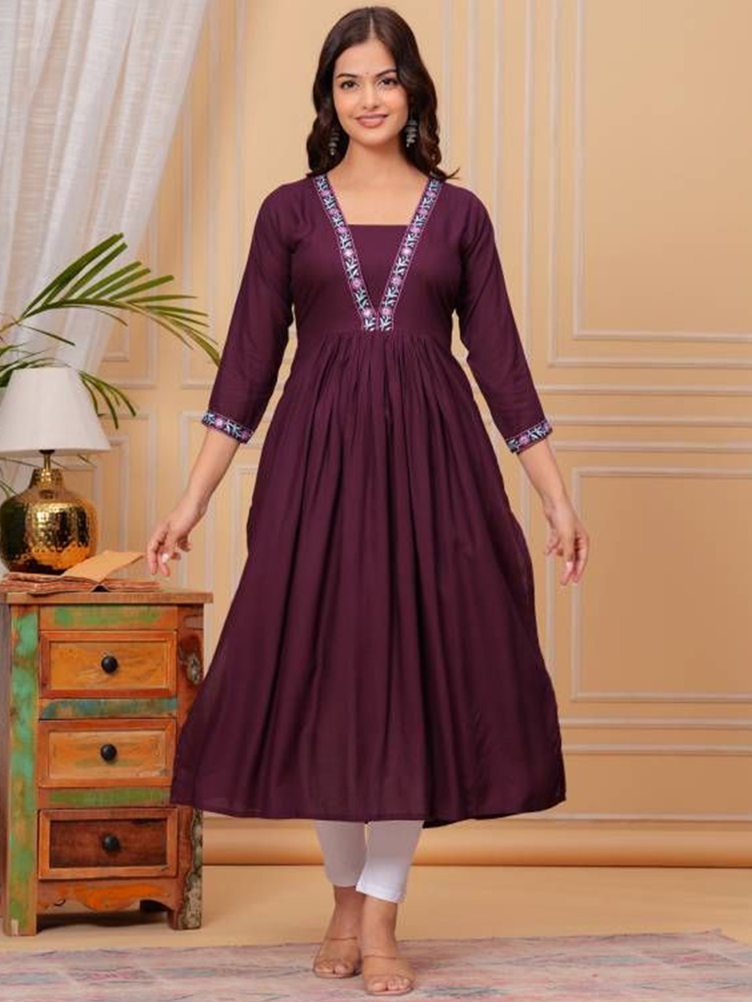 

TROPWEAR Floral Yoke Design Pleated V-Neck Embroidered Cotton A-Line Naira Cut Kurta, Burgundy