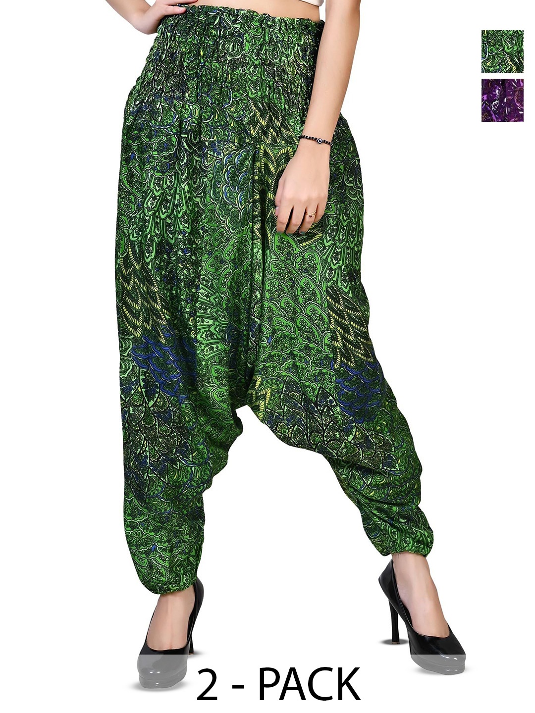 

NarNari Women Pack Of 2 Printed Loose Fit Harem Pants, Green
