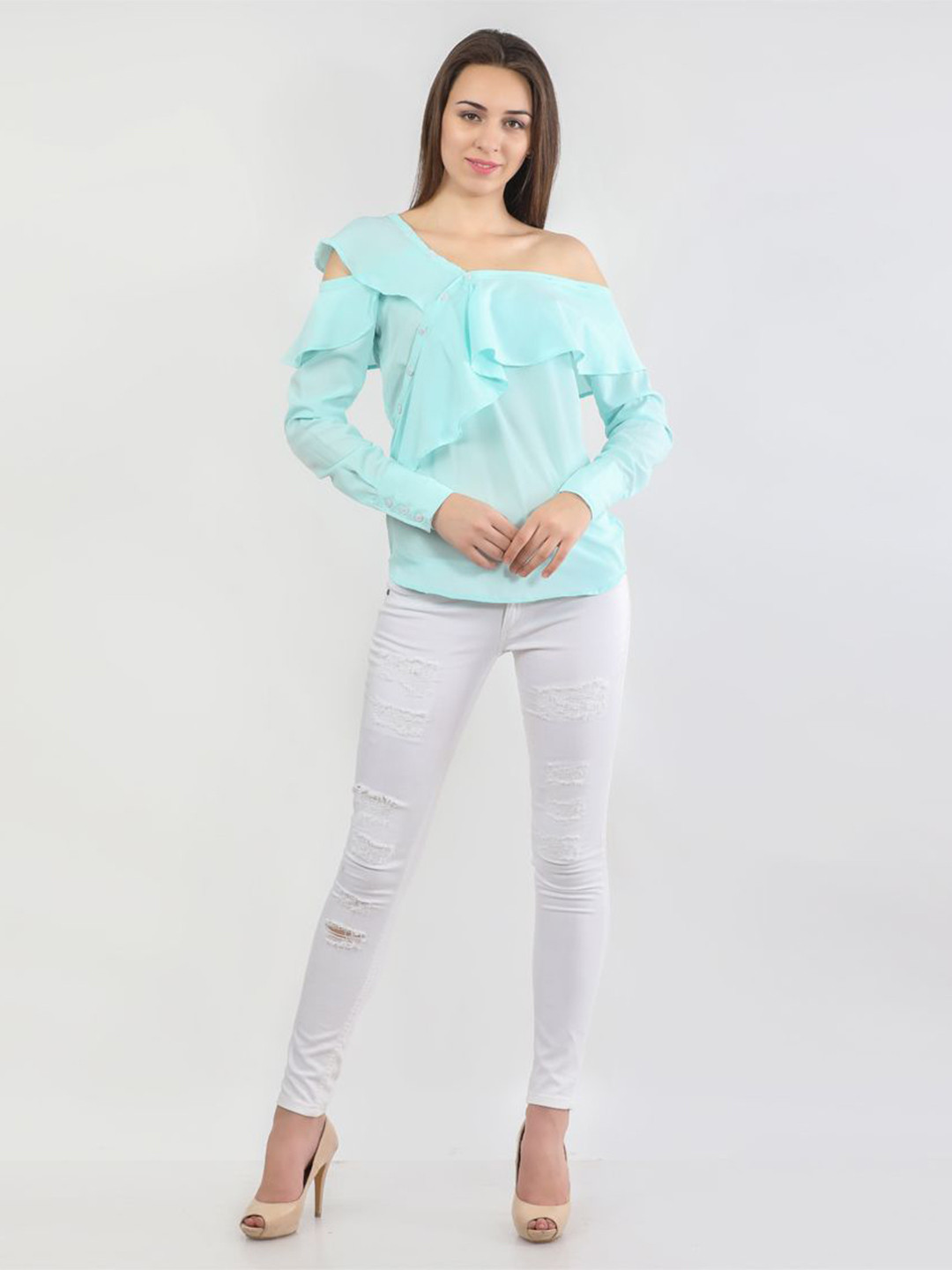 

DELIS Off-Shoulder Monochrome Georgette Top, Blue