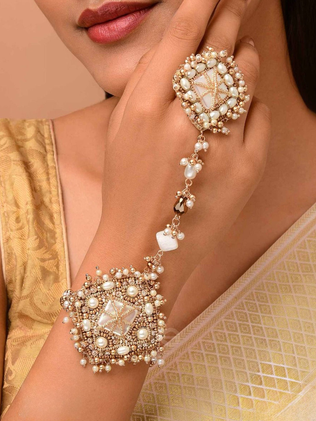 

EVERSTYLISH Sanjoya Beads, Pearls Glass Drops Embroidered Haathphool, Gold