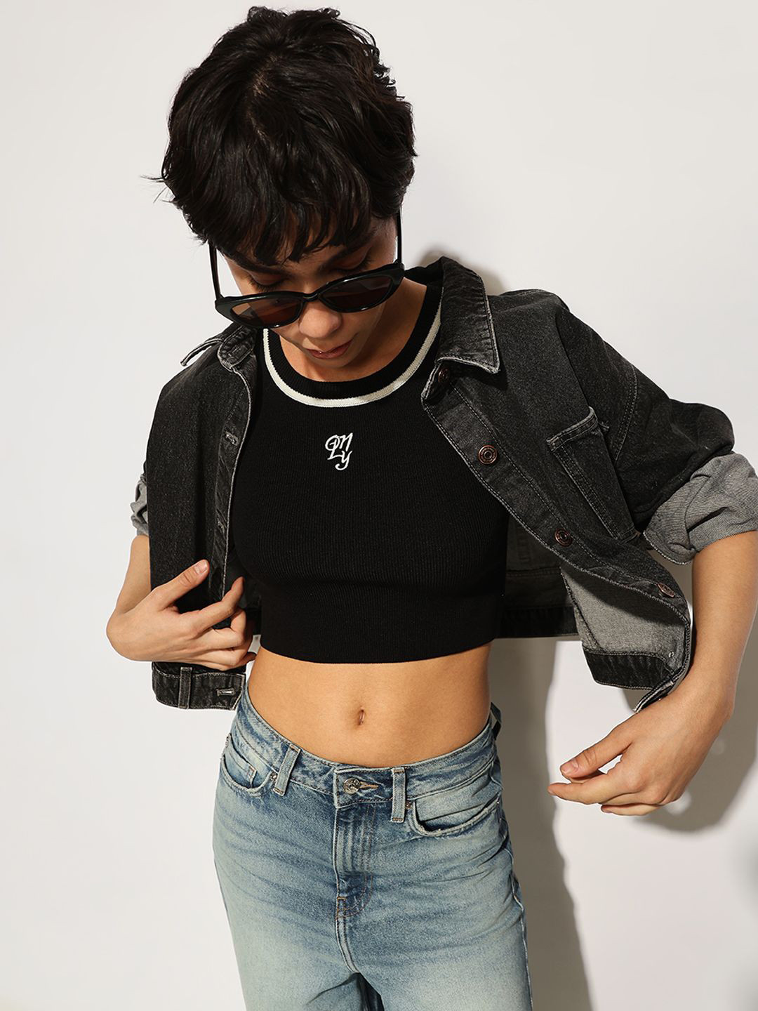 

ONLY Women Embroidered Ribbed Tank Crop Top, Black