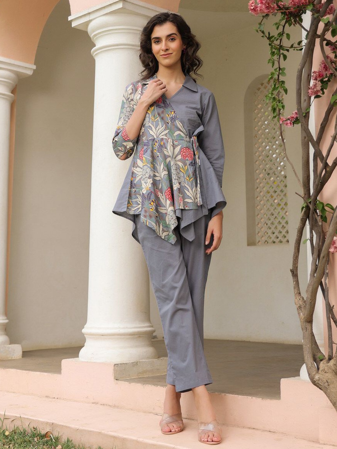 

JISORA Women's Grey Printed Pure Cotton Co-Ords Set