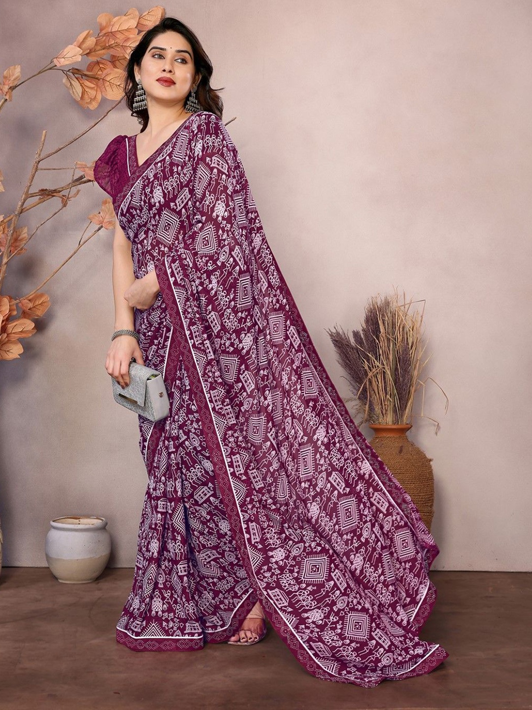 

KALINI Ethnic Motifs Poly Georgette Saree, Purple