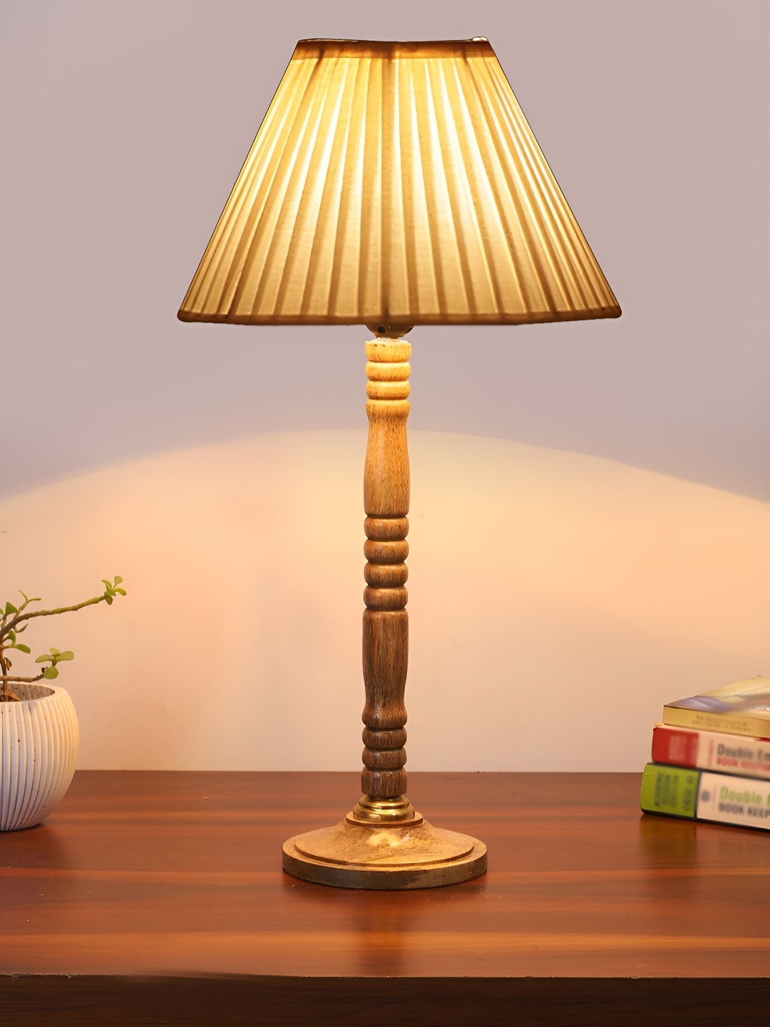 

Devansh White and Brown Textured Wooden Frusturical Shaped Table Lamp