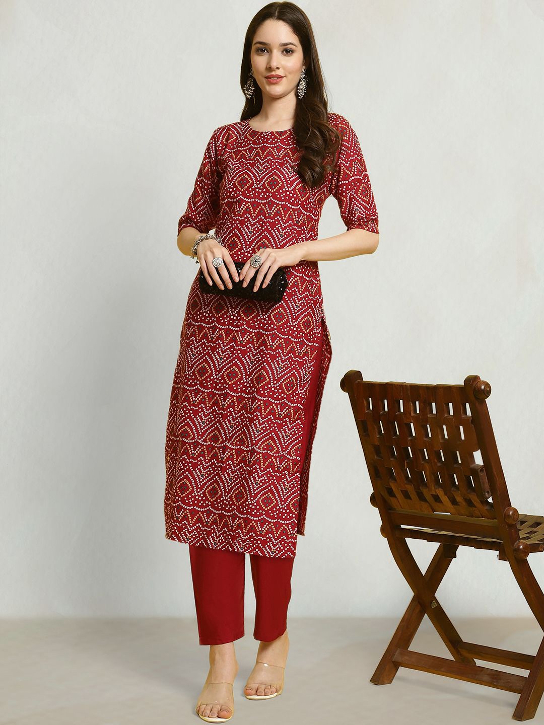 

Moda Rapido Bandhani Printed Round Neck Straight Kurta, Maroon