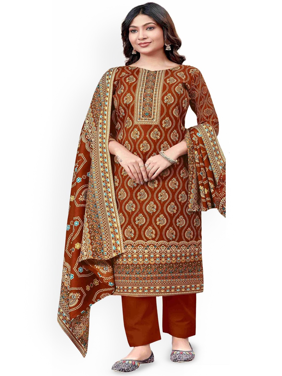 

DRAVINAM Ethnic Motifs Printed Pashmina Unstitched Dress Material, Brown