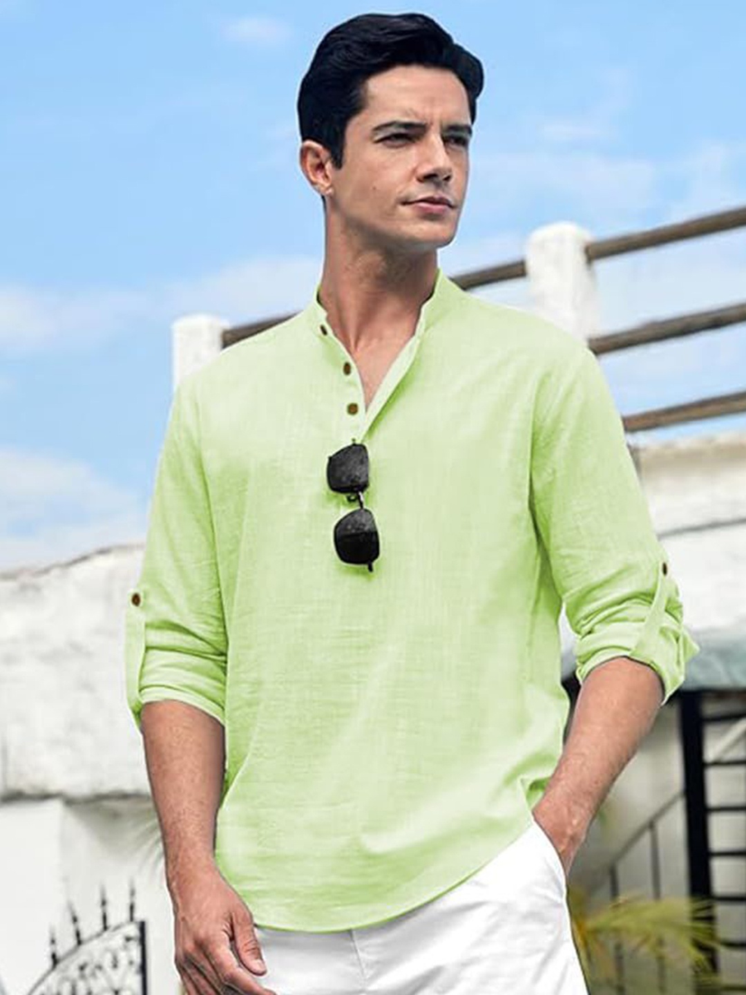 

Vida Loca Band Collar Cotton Straight Slim Fit Short Kurta, Sea green