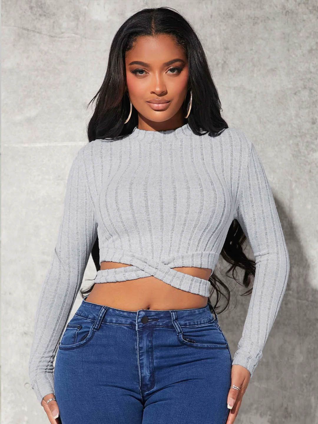 

StyleCast Women Striped High Neck Crop Top, Grey