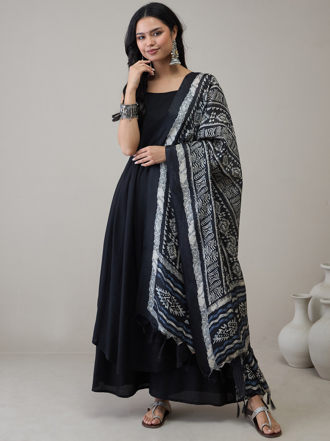 

InWeave Women Regular Kurta with Palazzos & With Dupatta, Black