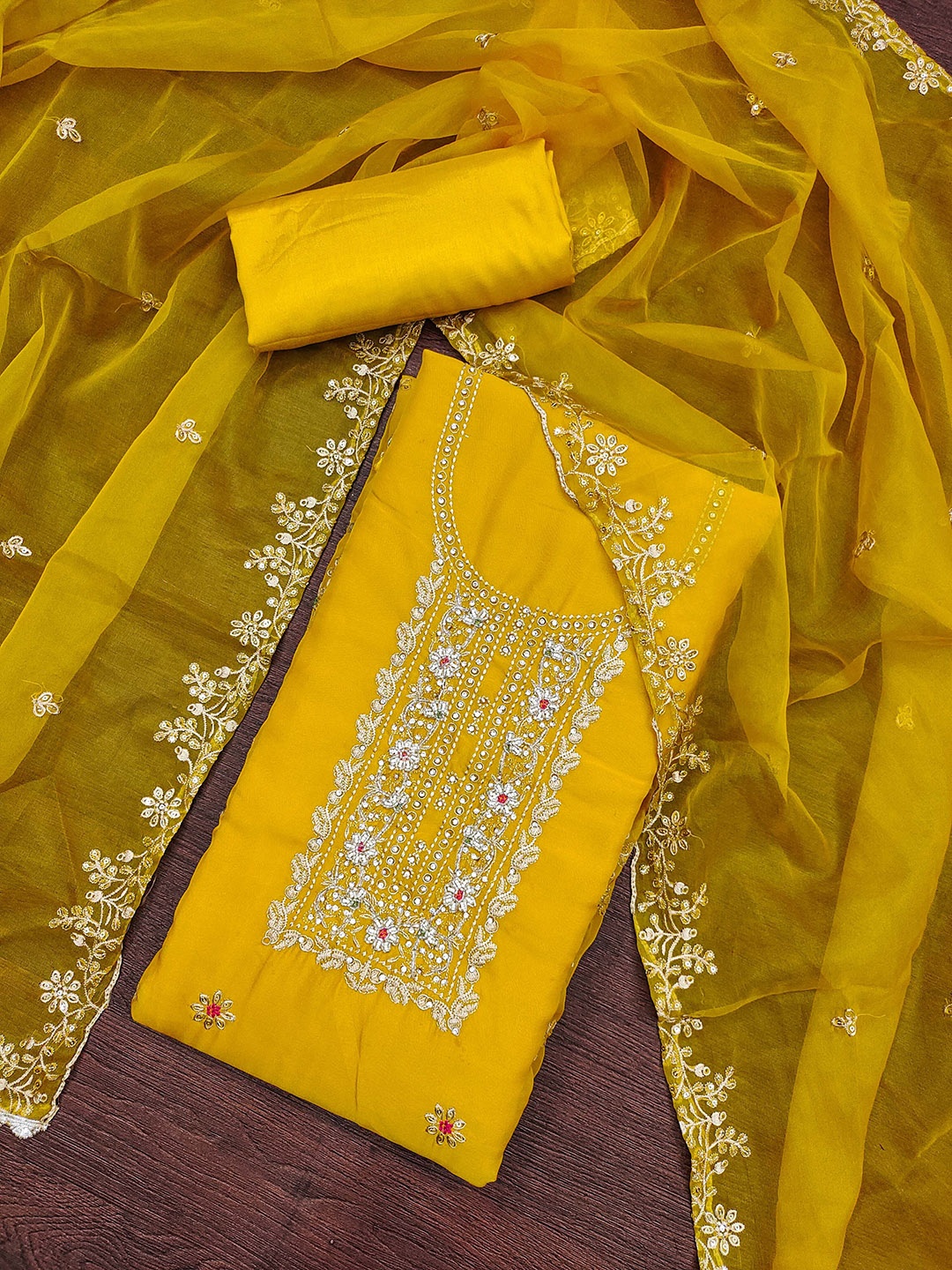 

KALINI Embroidered Organza Unstitched Dress Material, Yellow