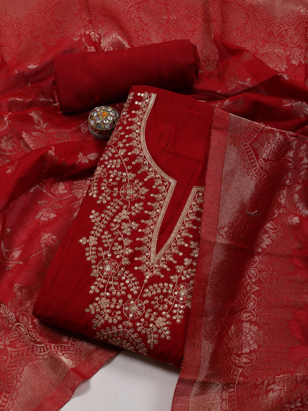 

Meena Bazaar Embroidered Art Silk Unstitched Dress Material, Red