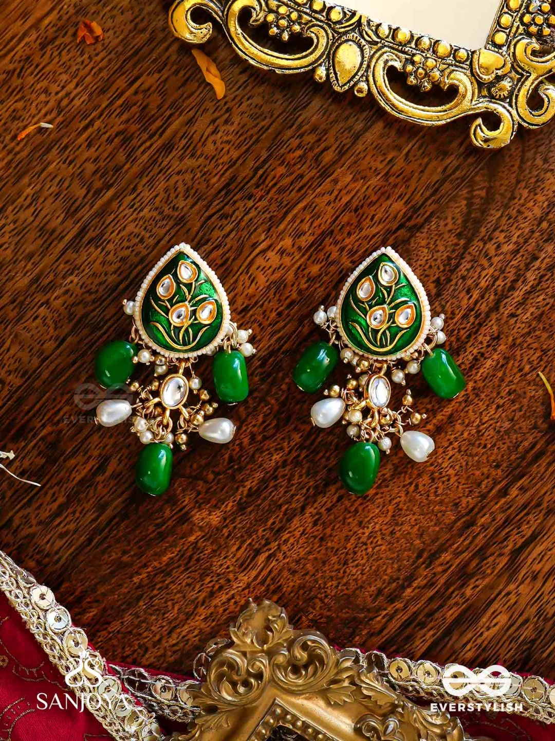 

EVERSTYLISH Sanjoya Sparkling Enamelled Kundan Earrings With Pearls & Beads, Green