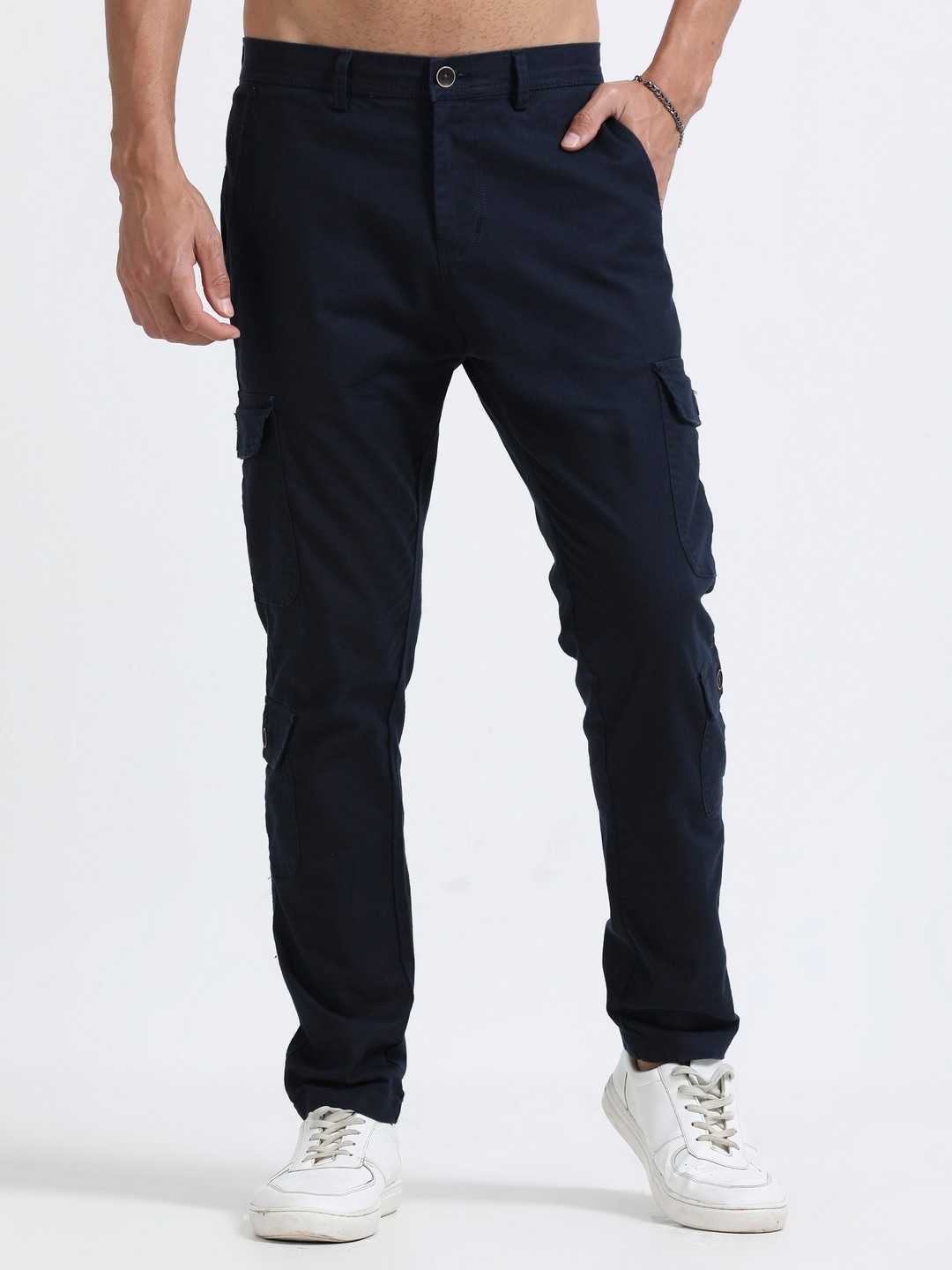 

NEVER NEUD Men Relaxed Lazy Linen Utility Cargos Trousers, Navy blue