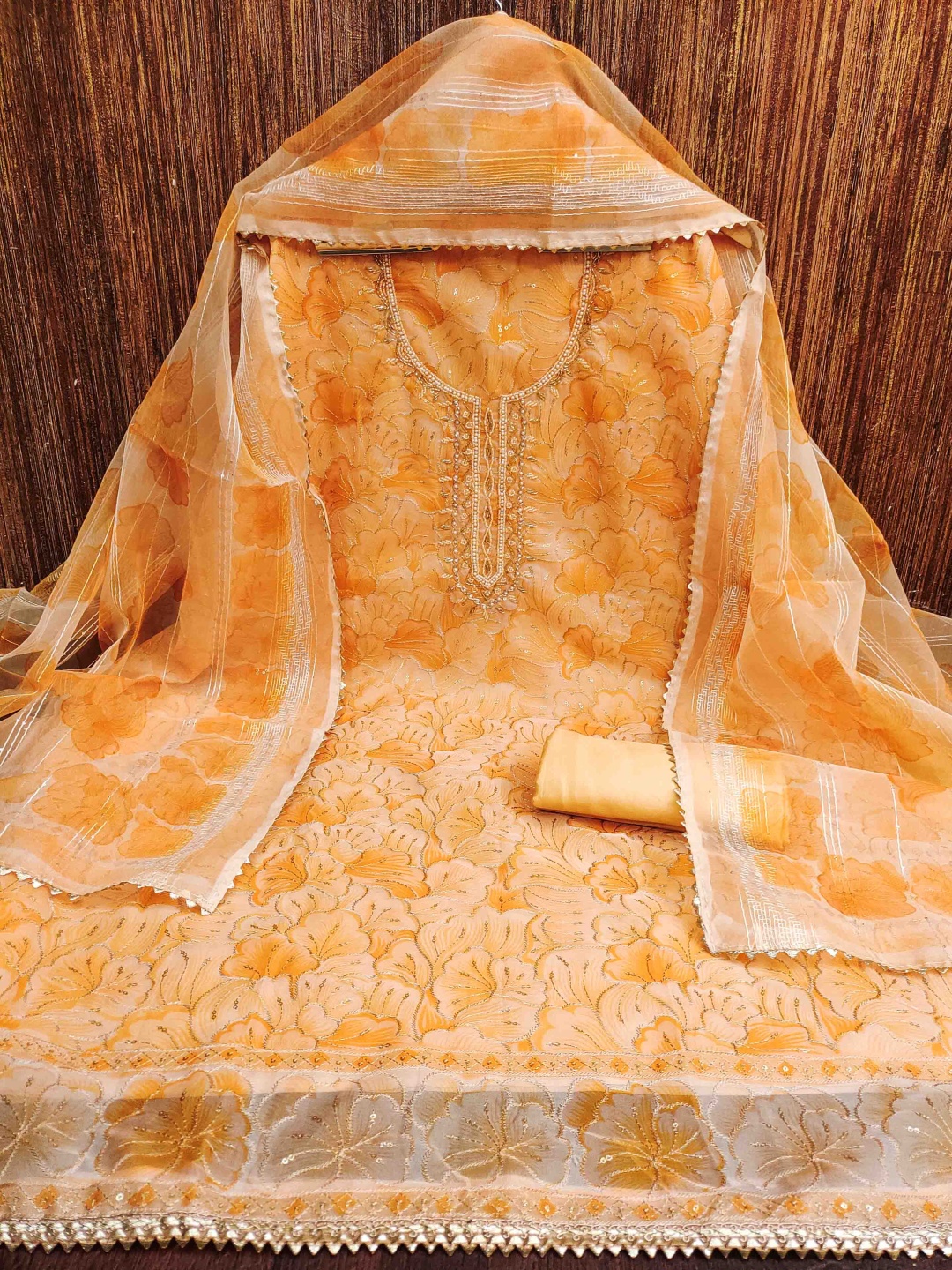 

KALINI Embellished Organza Unstitched Dress Material, Orange