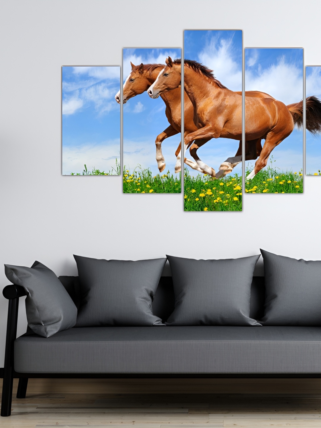 

Inephos Brown And Blue 5 Pieces Canvas Horses Running Vastu Wall Art