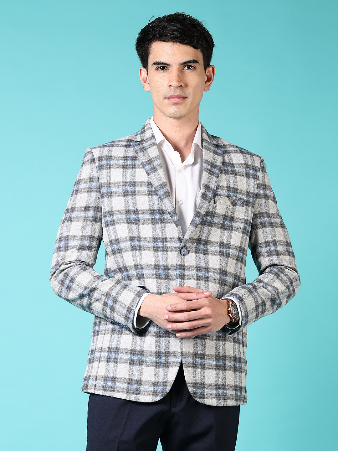 

V-Mart Checked Cotton Notched Lapel Collar Single Breasted Formal Blazer, Grey