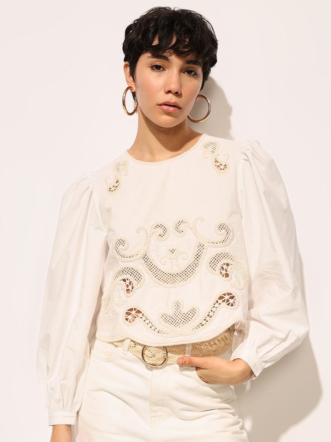 

ONLY Women Embroidered Bohemian Cotton Blouson Top, Cream