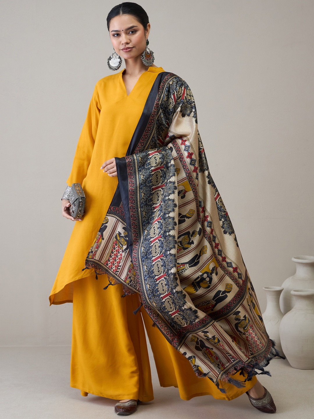 

InWeave Women Regular Kurta with Palazzos & With Dupatta, Mustard