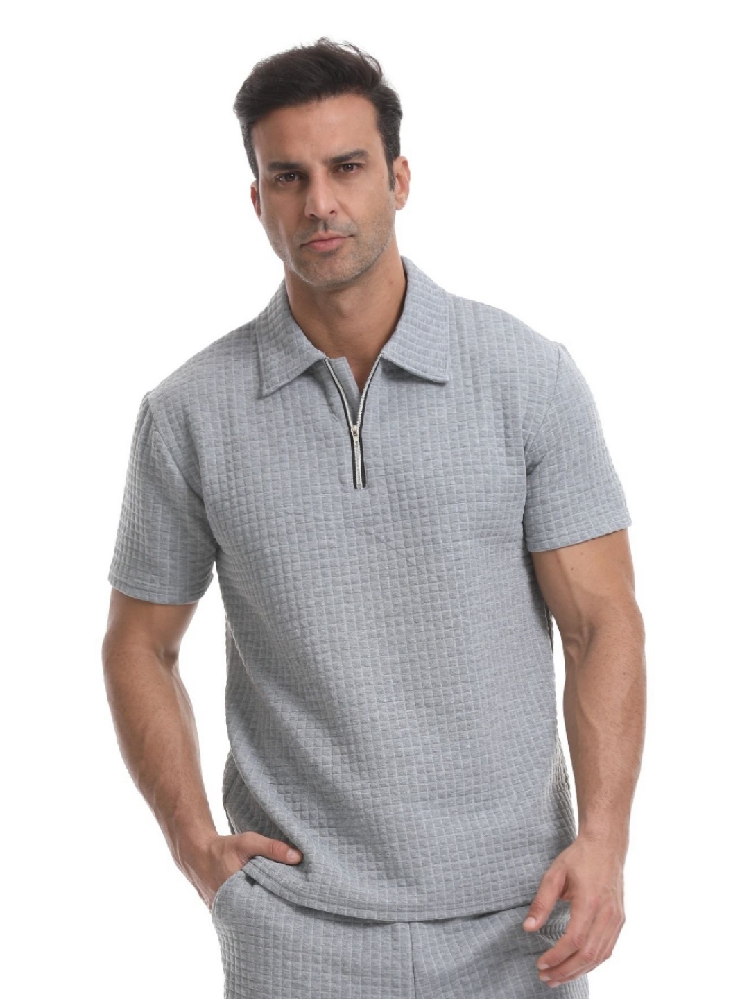 

StyleCast x Revolte Men Polo Collar Raw Edge T-shirt, Grey