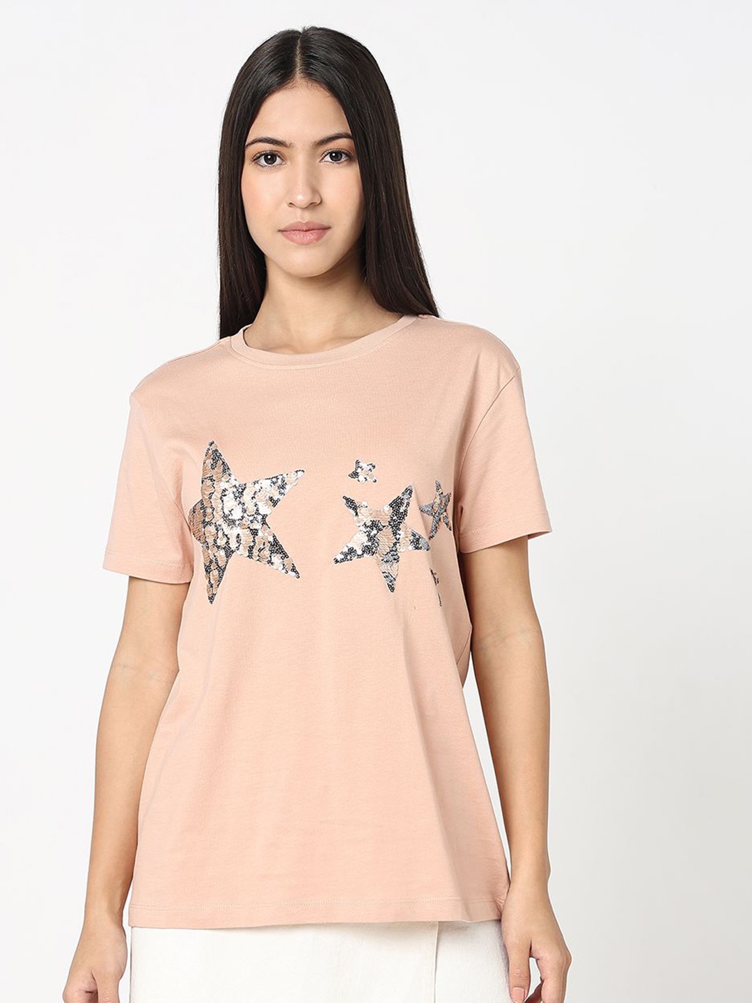 

R&B Women Graphic Printed Round Neck Cotton T-shirt, Peach