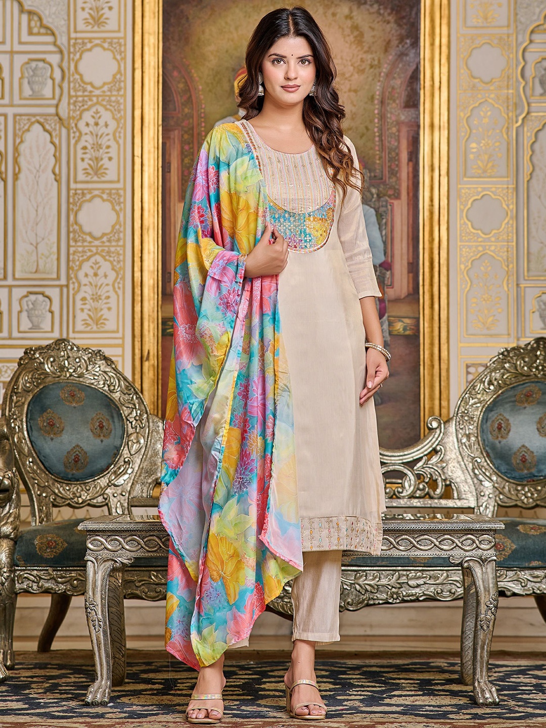 

Vintro Women Embroidered Regular Sequinned Pure Silk Kurta with Trousers & With Dupatta, Beige