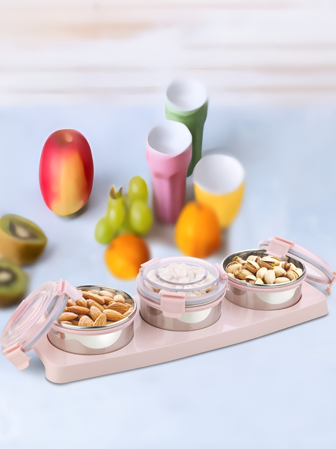 

Nayasa Steel Lock Pink 3 Pieces Airtight Stainless Steel Dry Fruit Tray Set