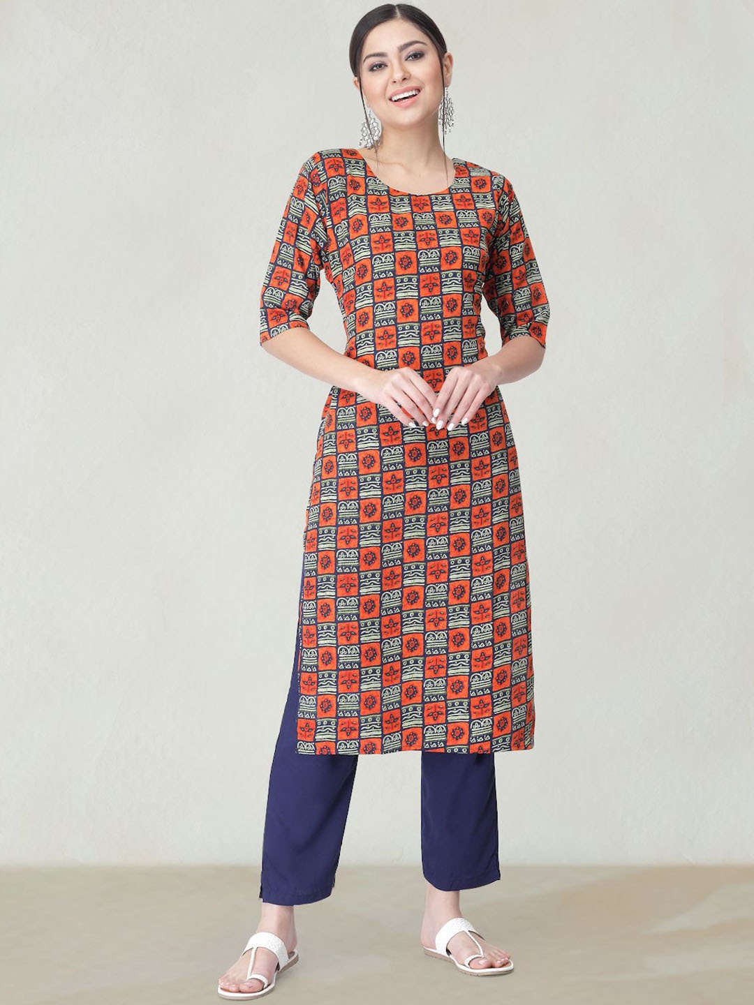 

Moda Rapido Geometric Printed Round Neck Straight Kurta, Red