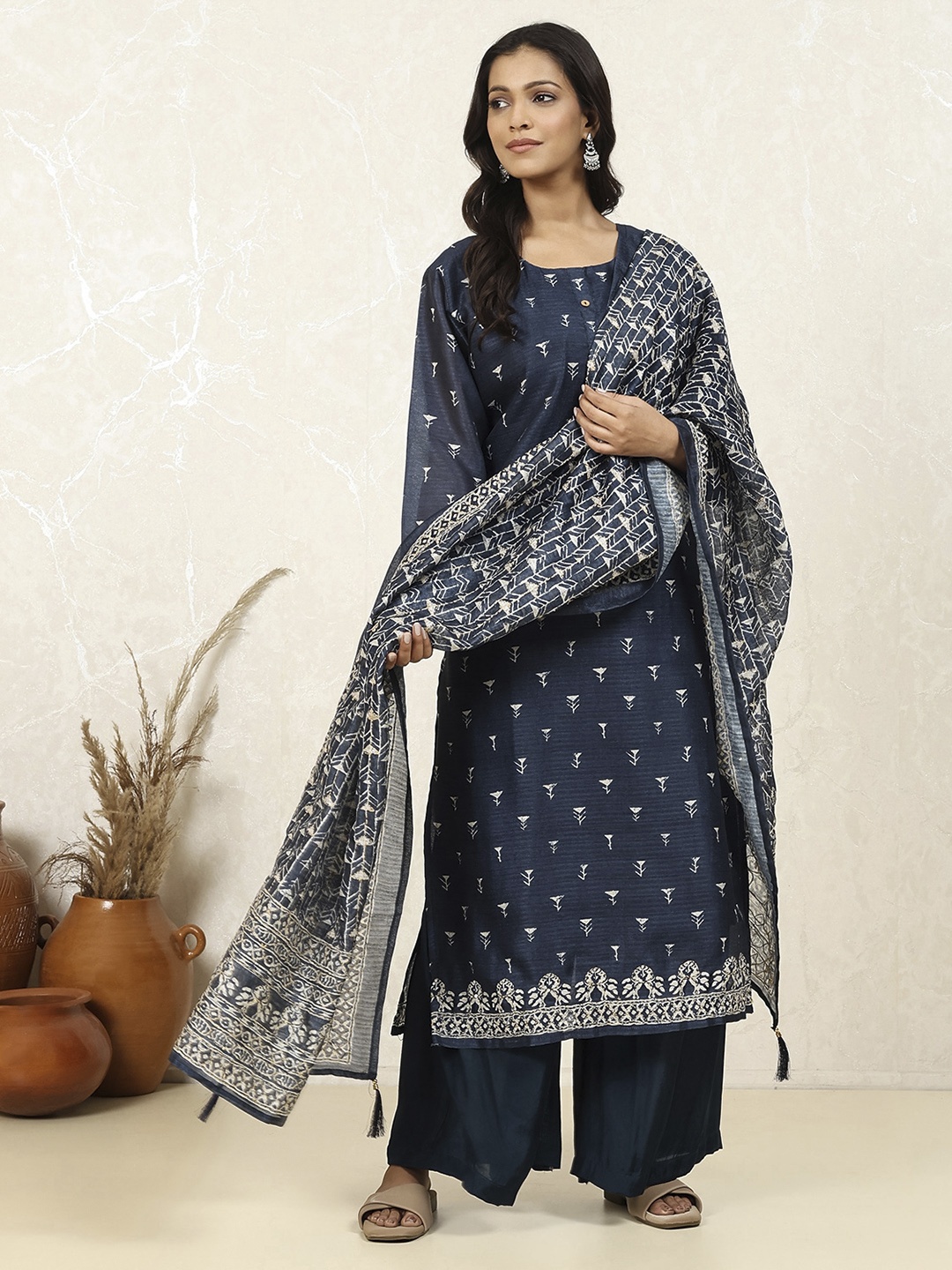 

Biba Geometric Printed Unstitched Dress Material, Blue