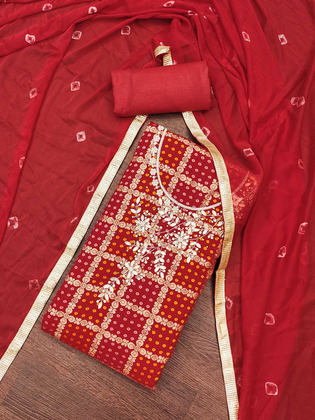 

KALINI Unstitched Dress Material, Red
