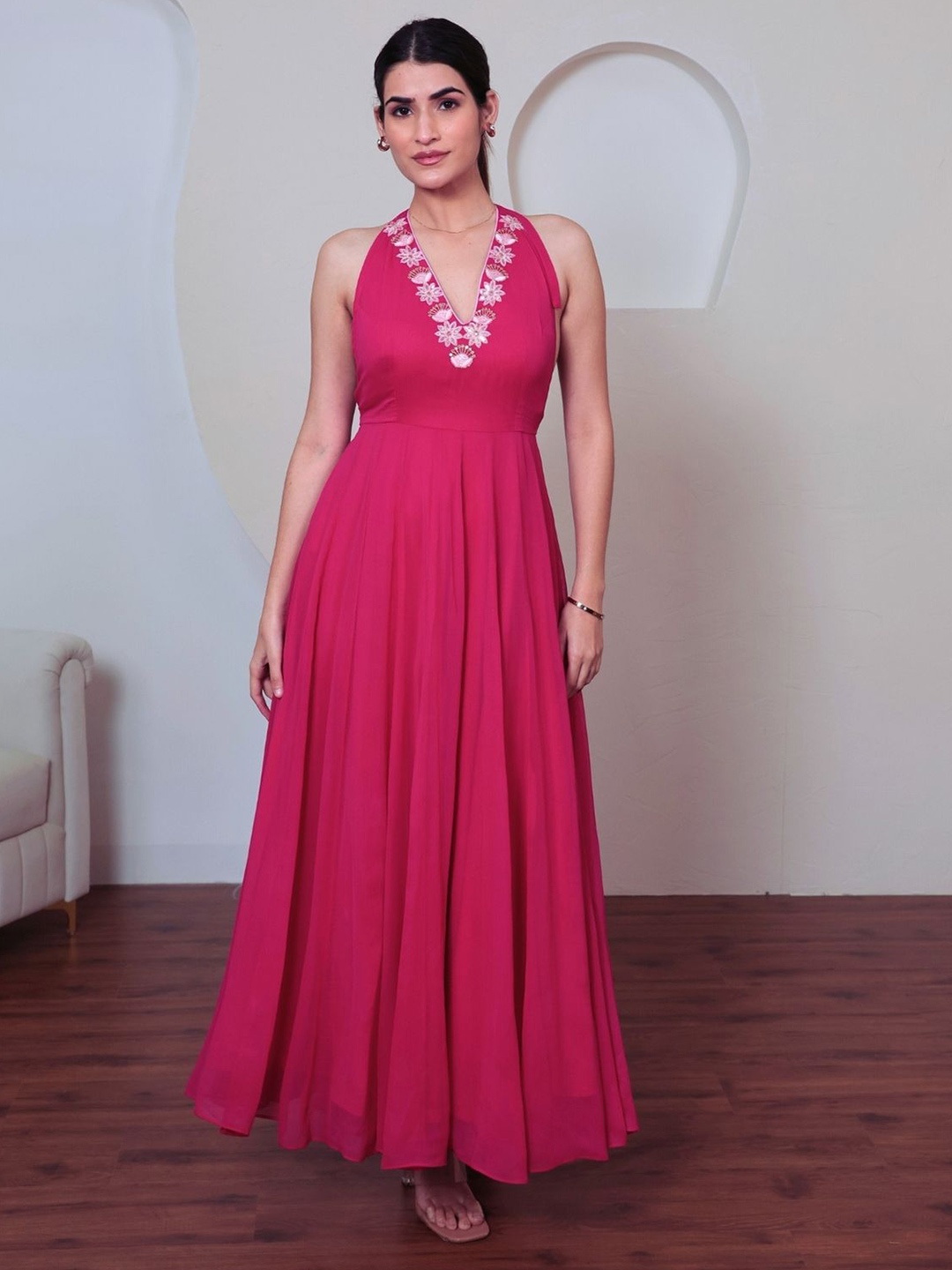 

KAJODI Halter Neck Georgette Maxi Dress, Pink