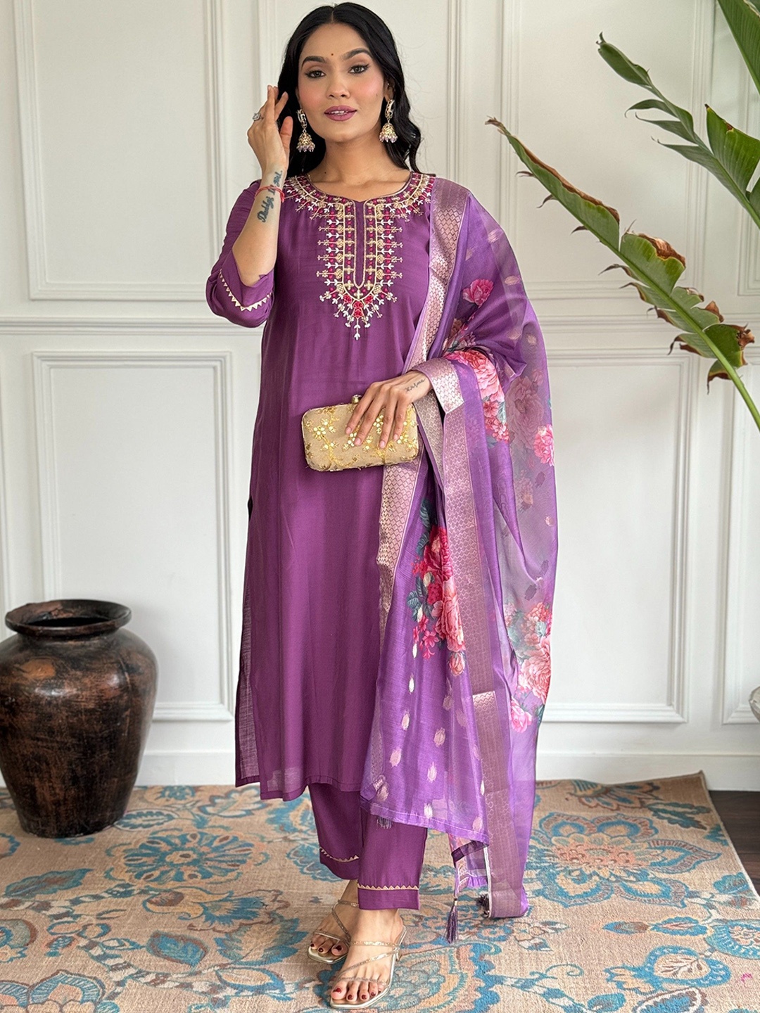 

Moda Rapido Ethnic Motifs Embroidered Chanderi Silk Kurta With Trousers & Dupatta, Magenta