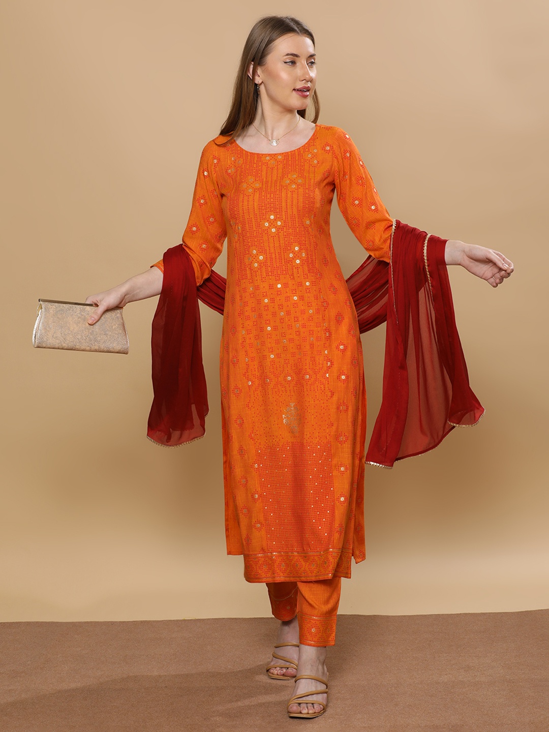 

DUMMY SHAPE Women Paisley Printed Panelled Kurta with Trousers & With Dupatta, Orange