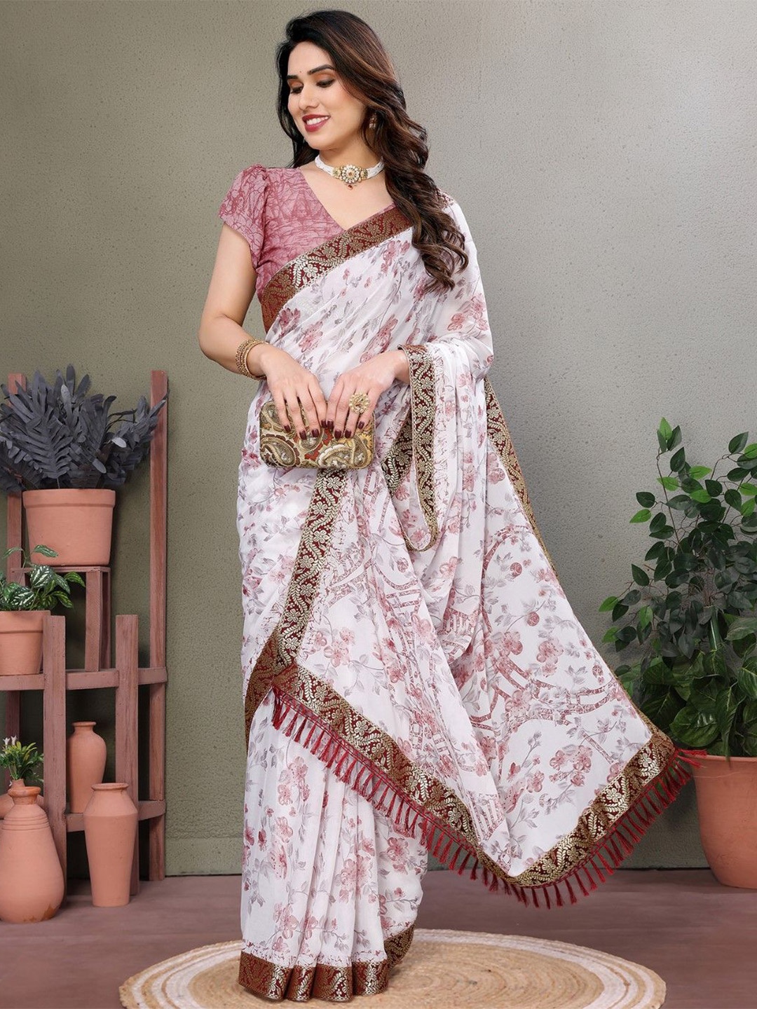 

KALINI Floral Zari Poly Georgette Saree, White