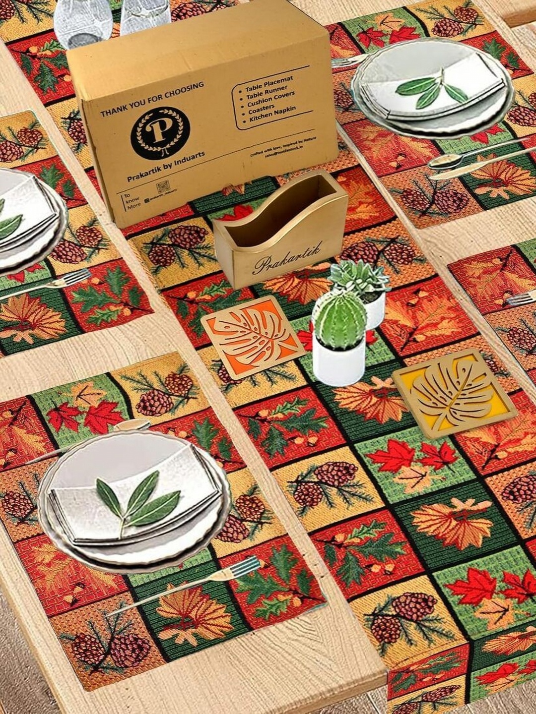 

PRAKARTIK Green & Red 9 Pieces Floral Printed Table Placemats & Coasters