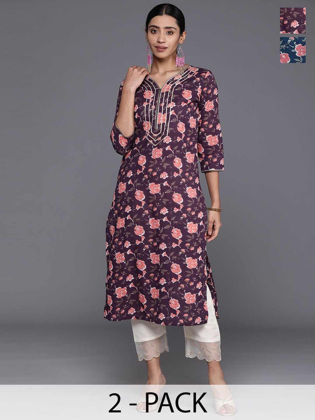 

Varanga Selection Of 2 Floral Printed V-Neck Gotta Patti Straight Kurtas, Purple