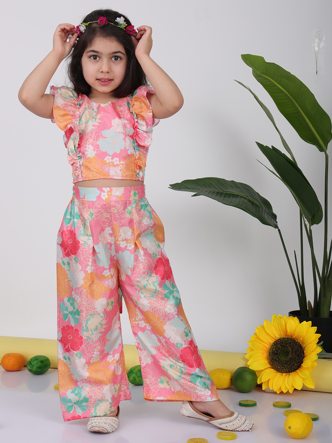 

Here&Now X Kinder Kids Girls Yoke Design Regular Pure Cotton Kurti with Palazzos & With Dupatta, Pink