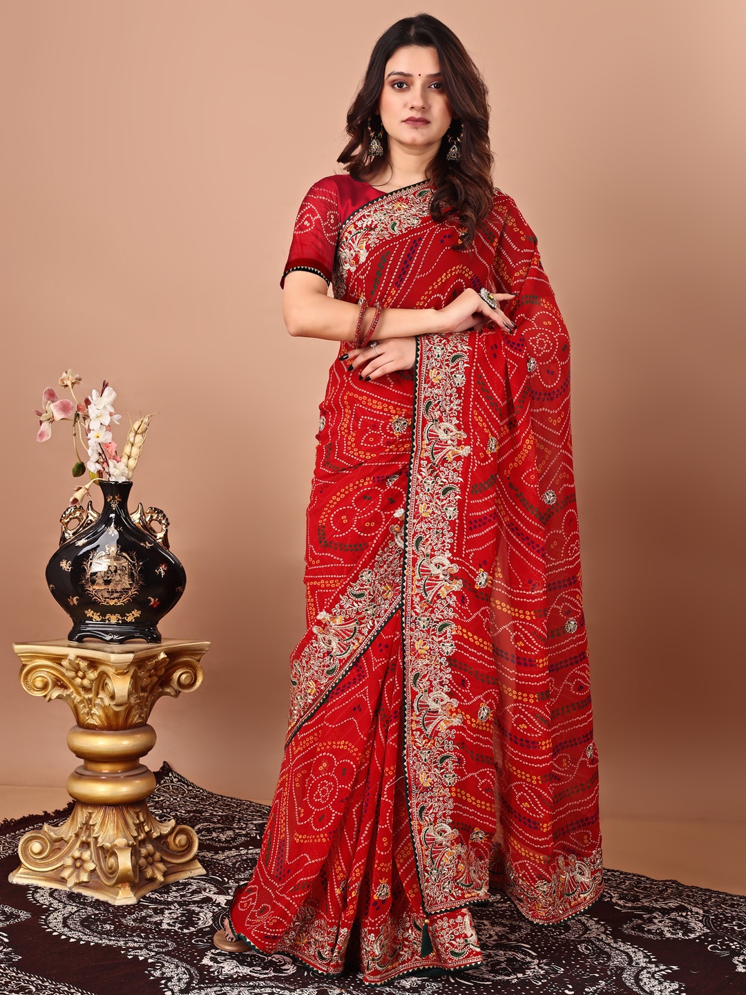 

Panzora Bandhani Embroidered DesignerSaree, Red