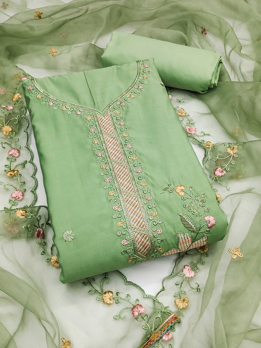 

KALINI Embroidered Pure Cotton Unstitched Dress Material, Green