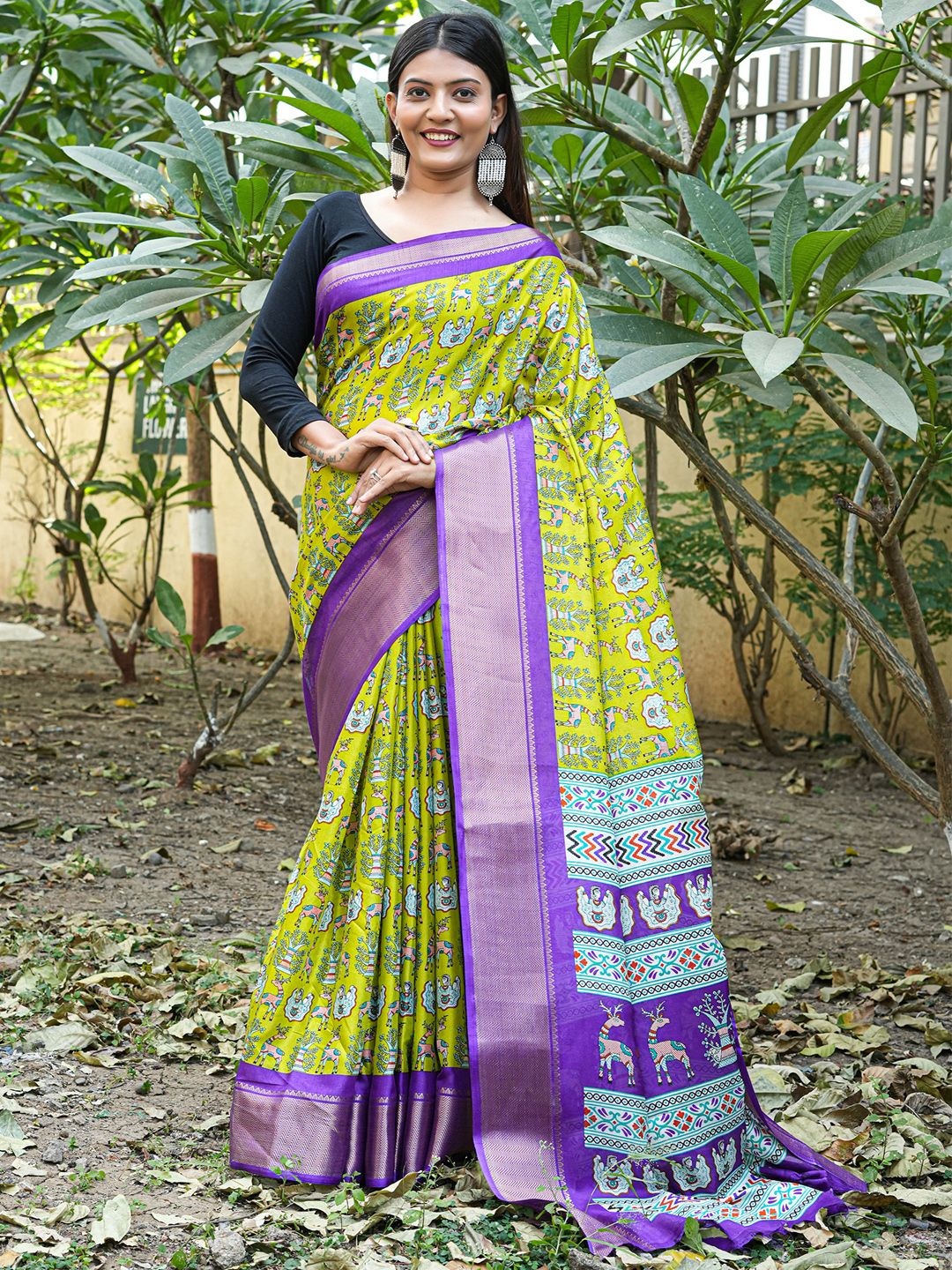 

Anouk Rustic Kalamkari Zari Silk Blend Designer Sungudi Saree, Lime green