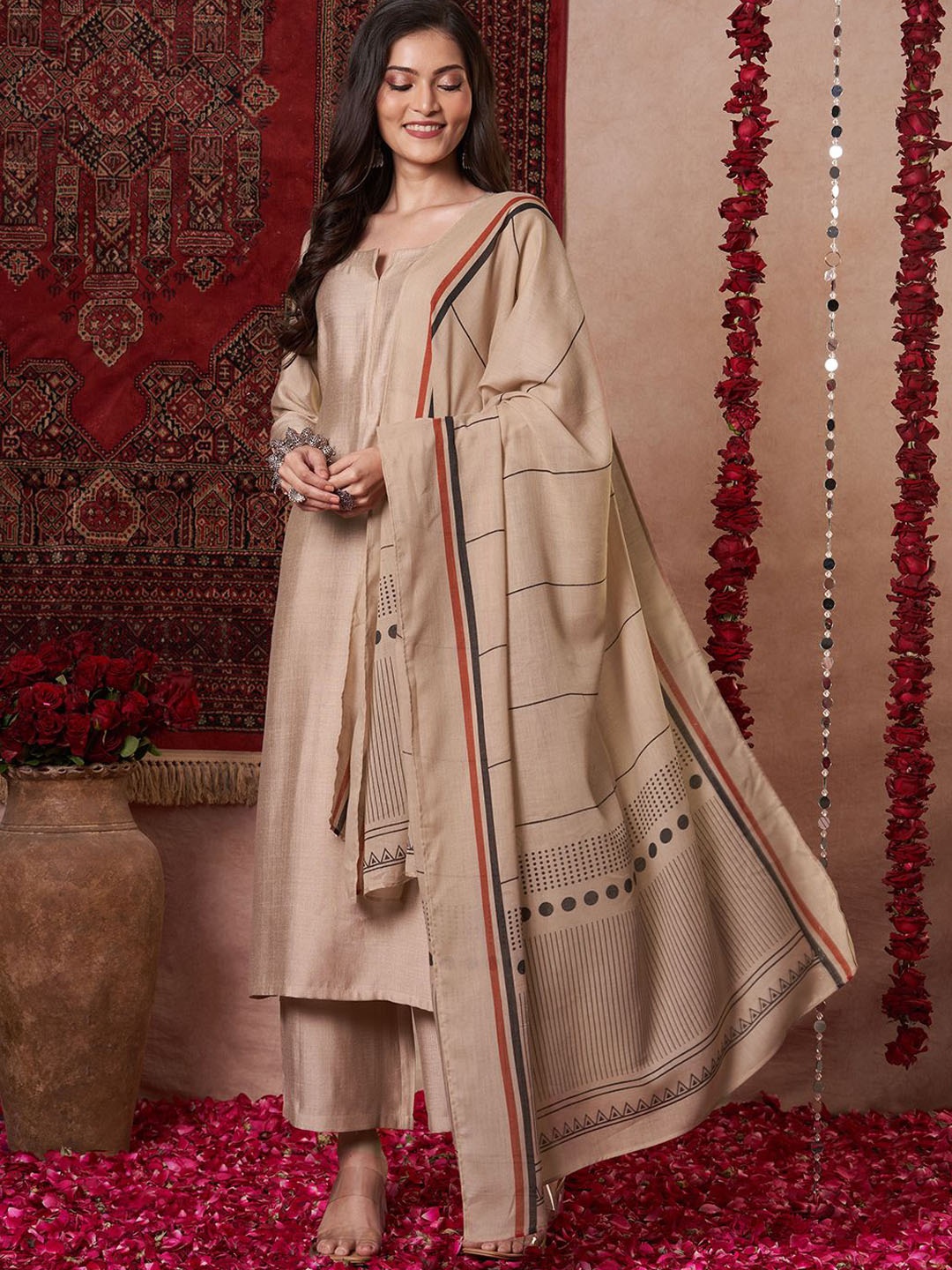 

Anni Designe Round-Neck Straight Kurta with Palazzos & Dupatta, Beige