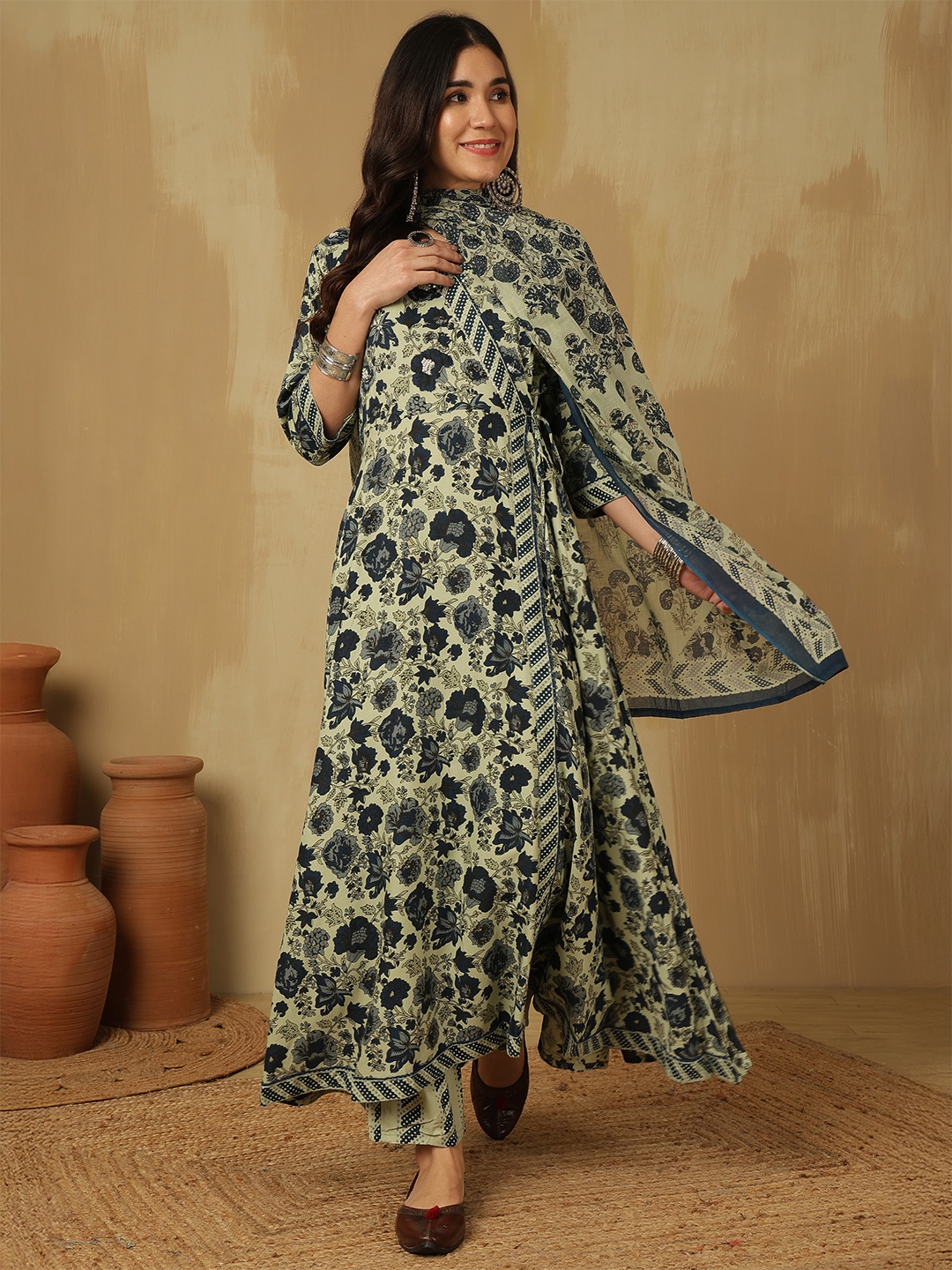 

Sangria Printed Anarkali Kurta With Trousers & Dupatta, Blue